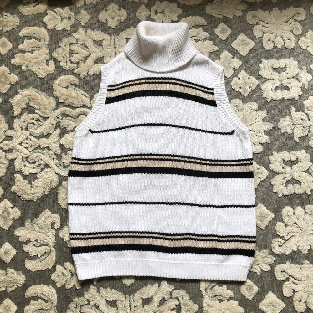 JEANNE PIERRE White and Black Striped Turtleneck Sweater